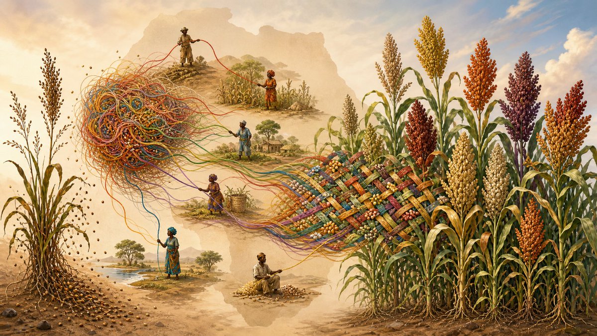 MartinOesterhel's tweet photo. Los cultivos provienen de la fascinante domesticación milenaria de plantas silvestres.

El problema es que las plantas silvestres dejan caer rápidamente sus semillas, que así se dispersan. Eso no está bueno si uno pretende cosecharlas.

Ahora conocemos a los genes que regulan que las semillas se caigan rápido o queden retenidas un tiempo en la planta.

Y esos genes sirven como testigos de la domesticación. La domesticación de cada cereal tiene que haber empezado por cambios en esos genes.

El sorgo, originalmente domesticado en África, muestra a través de esos genes del desprendimiento de las semillas que hubo varios eventos de domesticación y luego muchos intercambios, para terminar en lo que el cultivo es hoy.

Imagino al sorgo ancestral como una gran madeja de hilos de muchos colores de diversidad genética. En distintas regiones, distintos grupos de agricultores fueron “tirando” de hilos diferentes, eligiendo plantas de aspectos diversos, pero con una misma característica: que las semillas no se desprendieran solas.

Después vinieron los cruces, los intercambios y las mezclas entre regiones y poblaciones. Los hilos se fueron entretejiendo en un telar mundial. El resultado no es un paño de un solo color, sino una trama multicolor, una especie de quimera tejida a lo largo de siglos de selección y movimiento.

Y de ese entretejido surgió el sorgo actual: diverso, adaptable y útil para grano, forraje y biomasa. Una gran diversidad que todavía esconde un enorme potencial de mejora genética.