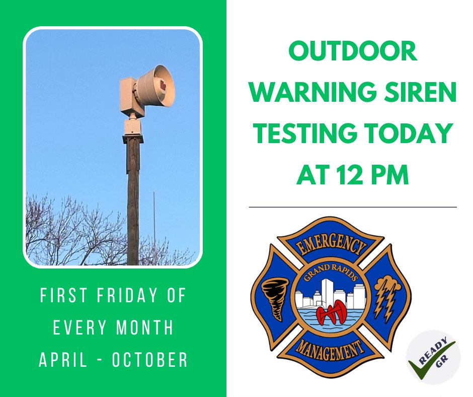 readyCityGR's tweet image. 🔊 Reminder, GR! Outdoor Warning Sirens will sound today (May 1) at noon and every first Friday through October.
This is a test, no action needed. In a real emergency, go indoors immediately and check trusted sources for updates. Stay alert &amp;amp; stay safe! 🌪️
#GrandRapids #SirenTest