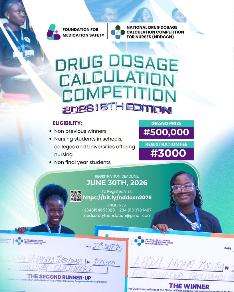 Welcome to May, a new chance to level up!

The National Drug Dosage Calculation Competition for Nurses (NDDCCN) invites you to demonstrate precision, competence, and commitment to safe clinical practice.

Register here: bit.ly/nddccn2026
#Nursingstudents #nursingcompetition