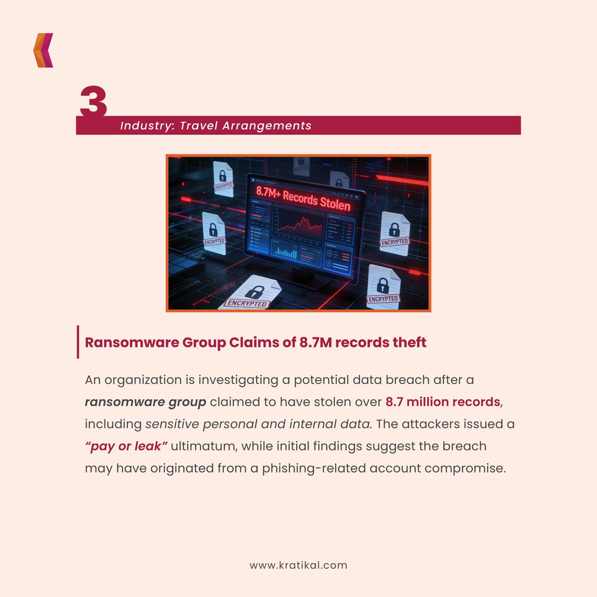kratikal's tweet image. A single compromised account. A trusted third-party tool. Terabytes of stolen data. April’s cyber incidents show how quickly trust can turn into risk. How resilient is your security strategy?
.
.
.
#Cybersecurity #kratikal #cyberattacks #hacking