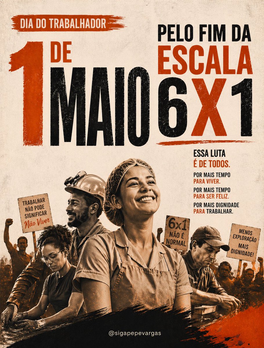 SigaPepeVargas's tweet photo. Neste 1º de Maio, mais do que homenagear, é dia de reafirmar uma luta que é de todos.

A escala 6x1 não pode ser naturalizada. Trabalhar não pode significar abrir mão da saúde, do convívio e da própria vida.

Em defesa dos trabalhadores, sempre! https://t.co/FwV0n8GxrH