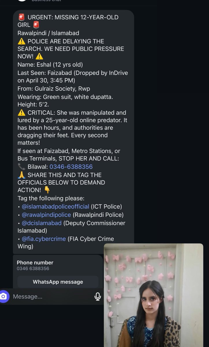 SMunirMaan's tweet image. Attention Please. A Young Girl is missing. Pls contact the given number if you’ve seen her . 
As per post police are delaying the search. @RwpPolice @ICT_Police 
Pls spread the word
