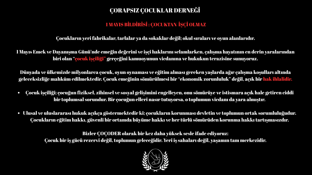 cocodernek's tweet photo. Çocuk bir iş gücü rezervi değil, toplumun geleceğidir. Yeri iş sahaları değil, yaşamın tam merkezidir.

#çocukişçiliğineDURde https://t.co/IY3KNffxmx