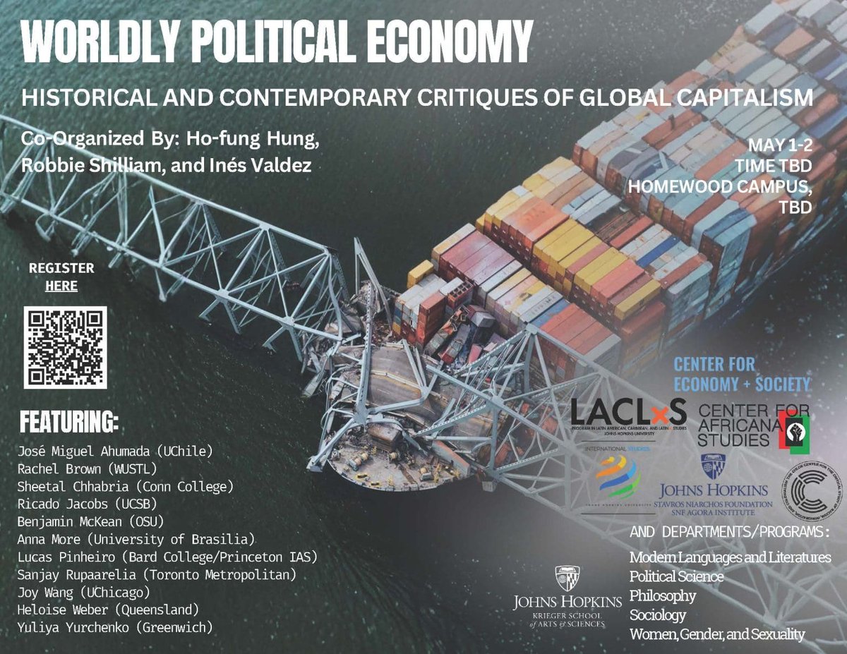 SVRuparelia's tweet image. What are the roots of turbulence and transformation in the global political economy?

Look forward to participating in this timely conference at @JHUArtsSciences, organized by @hofunghung, Inés Valdez and Robbie Shilliam.

#capitalism #inequality #global