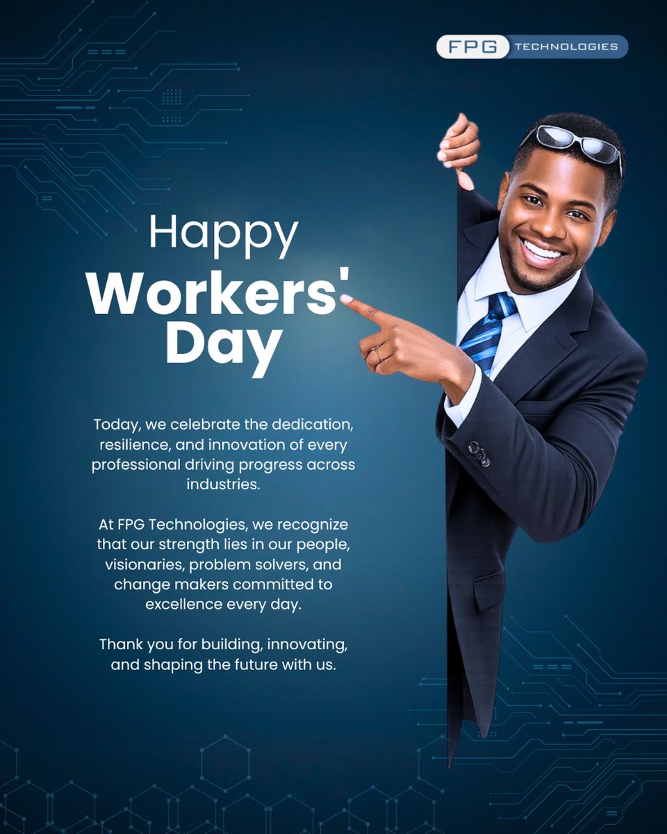FpgTechnologies's tweet photo. Today, we celebrate the people who make progress possible.

On this International Workers' Day, we honour the dedication, resilience, and innovation of every professional driving impact across industries.

At FPG Technologies, our greatest asset is our people the thinkers, builders, and problem-solvers shaping the future every single day.

Here’s to your hard work, your passion, and the value you create. 

#WorkersDay #PeopleFirst #FPGTechnologies #FutureOfWork #InnovationDriven