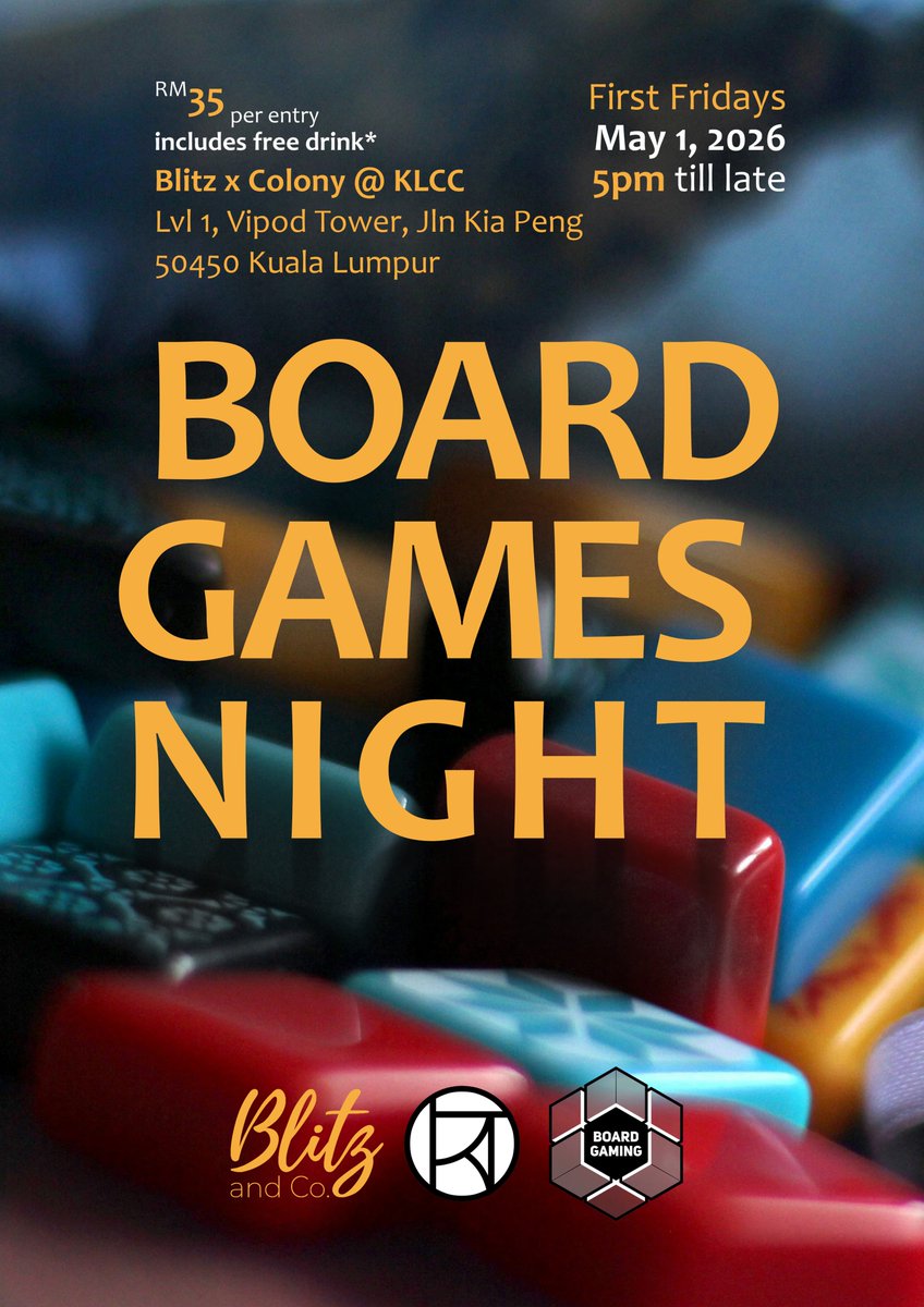 boardgamingMY's tweet photo. LABOUR DAY SPECIAL
🌙♟️☕ Coffee &amp; Games Night!
Join our late-night board games night.
https://t.co/mYVgsgrt3x 
🗓️ First Fridays (reverted)
⏰ 5pm onwards
📍 @blitzxcolony
Level 1, Vipod Residence Tower,
Jalan Kia Peng,
50450 Kuala Lumpur https://t.co/WvjUUZzGzi