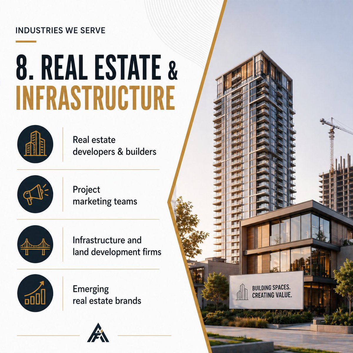adityaforesight's tweet image. 8. Real Estate &amp;amp; Infrastructure
•Real estate developers &amp;amp; builders 
•Project marketing teams 
•Emerging real estate brands 

#BusinessStrategy #GrowthStrategy #Entrepreneurship #Consulting #Leadership #AdityaForesightAdvisory #AdityaSameerMane