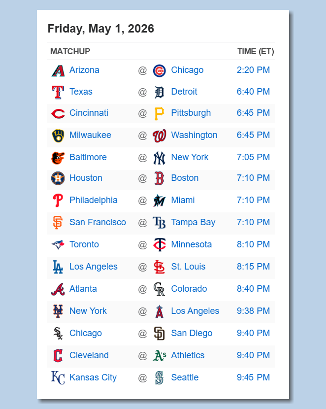 BSmile's tweet image. Here's the latest #MLB schedule for Friday, May 1st - PLAY BALL!!!