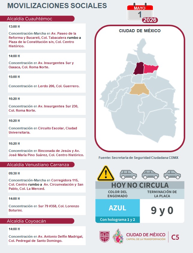 C5_CDMX's tweet image. ⚠️🗓️ #ENTÉRATE | Para hoy, 1 de mayo 2026, estas son las movilizaciones sociales previstas en la Ciudad de México.

#MovilidadCDMX #C5OjosDeLaCDMX  #C5CorazónDeLaCDMX #OjosDeLaCiudad