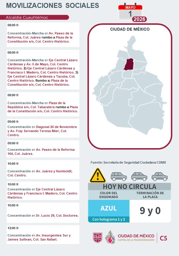 C5_CDMX's tweet image. ⚠️🗓️ #ENTÉRATE | Para hoy, 1 de mayo 2026, estas son las movilizaciones sociales previstas en la Ciudad de México.

#MovilidadCDMX #C5OjosDeLaCDMX  #C5CorazónDeLaCDMX #OjosDeLaCiudad