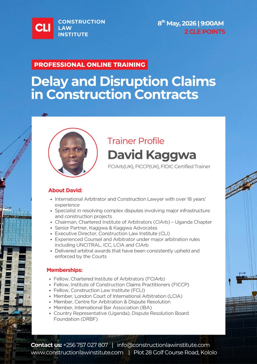CLIafrica's tweet photo. ⏳ Just 6 Days to Go!

With 8th May 2026 fast approaching, meet the  exceptional panel of professionals who will be leading our upcoming Professional Online Training on "Delay and Disruption Claims in Construction Contracts."

( 1/12) https://t.co/qhrOz1hmlP