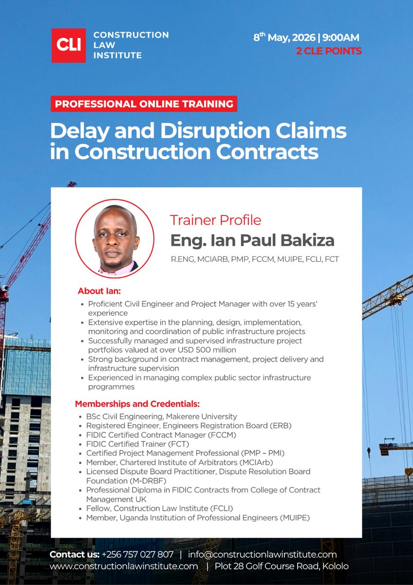 CLIafrica's tweet photo. ⏳ Just 6 Days to Go!

With 8th May 2026 fast approaching, meet the  exceptional panel of professionals who will be leading our upcoming Professional Online Training on "Delay and Disruption Claims in Construction Contracts."

( 1/12) https://t.co/qhrOz1hmlP