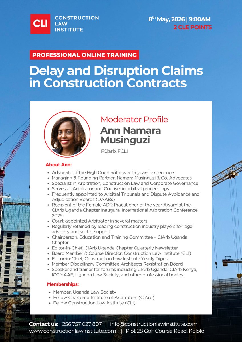 CLIafrica's tweet photo. ⏳ Just 6 Days to Go!

With 8th May 2026 fast approaching, meet the  exceptional panel of professionals who will be leading our upcoming Professional Online Training on "Delay and Disruption Claims in Construction Contracts."

( 1/12) https://t.co/qhrOz1hmlP