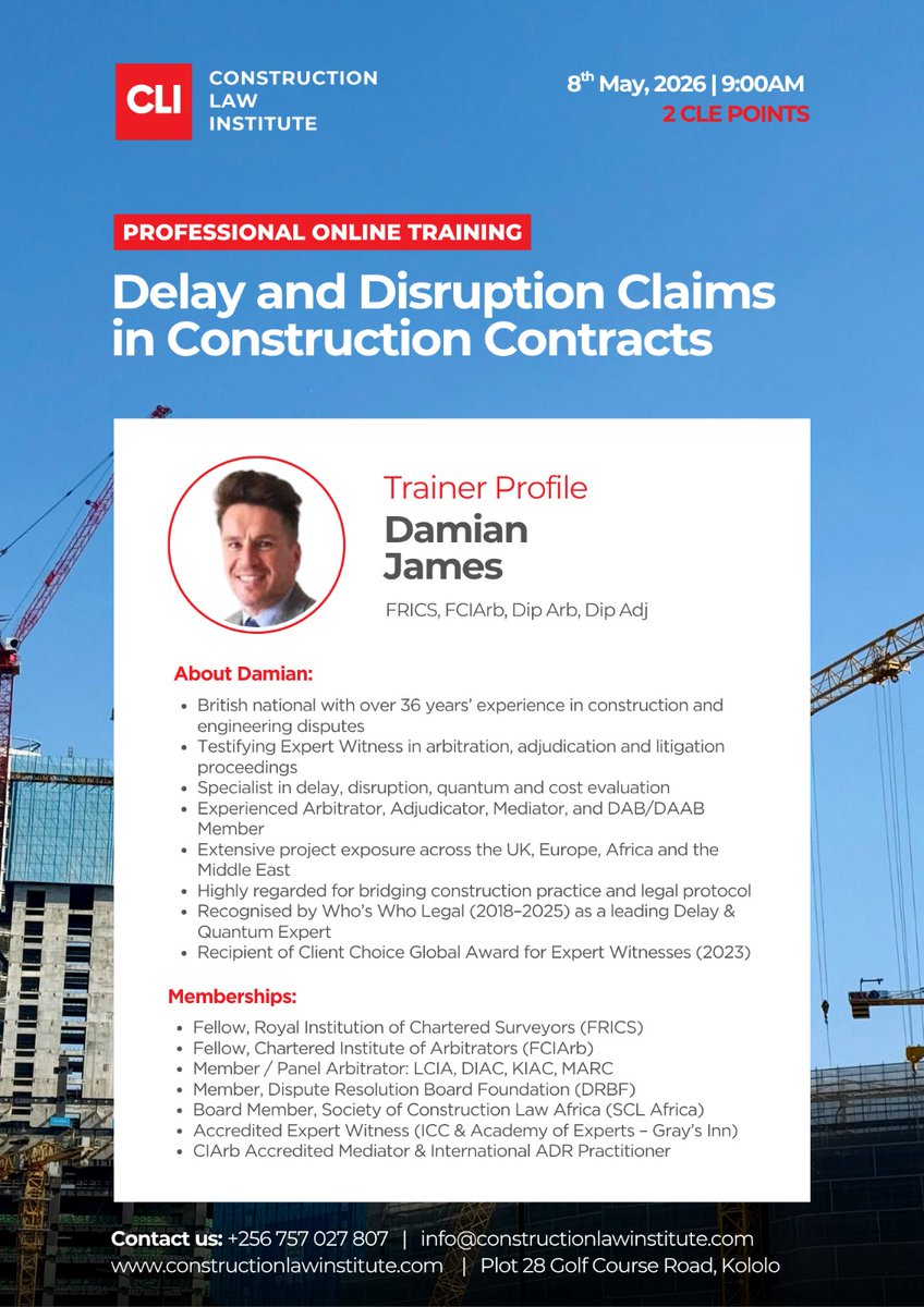 CLIafrica's tweet photo. ⏳ Just 6 Days to Go!

With 8th May 2026 fast approaching, meet the  exceptional panel of professionals who will be leading our upcoming Professional Online Training on "Delay and Disruption Claims in Construction Contracts."

( 1/12) https://t.co/qhrOz1hmlP