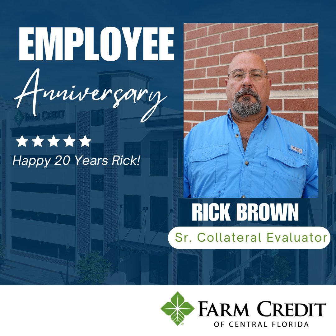 FarmCreditCFL's tweet photo. Join us in congratulating Rick Brown, Sr. Collateral Evaluator, on his 20-year anniversary with Farm Credit of Central Florida. Rick’s commitment to supporting our members and his passion for agriculture make a real difference every day. We’re proud to have him on our team!👏 https://t.co/QdJLc4ndRc