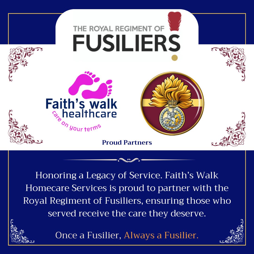 FaithsWalkHeal1's tweet image. Proud to announce: Faith’s Walk Healthcare is now an official partner of the Royal Regiment of Fusiliers! 🇬🇧

We are dedicated to providing elite #HomeCare to the #FusilierFamily and veterans across the region. Honoring duty with dignified care. 
Call us :📞 01784697000