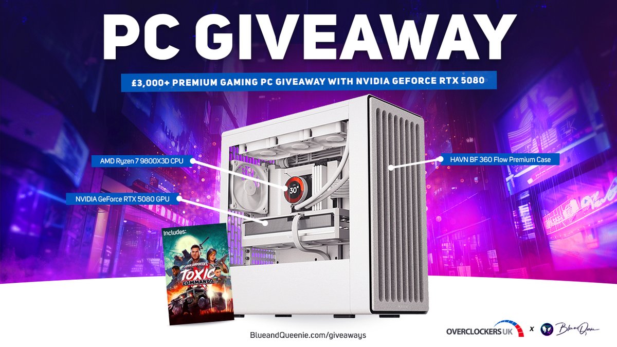 QueenieandBlue's tweet image. 🚨 Premium Custom Built Gaming PC Giveaway 🚨

To celebrate 11 years on Twitch we're giving away a custom built elite gaming PC fitted with NVIDIA RTX 5080 🎉

💙Follow @QueenieandBlue 
❤️Follow @OverclockersUK 
💛Tag a friend
💚Retweet
📢 Enter blueandqueenie.com/giveaway #ad