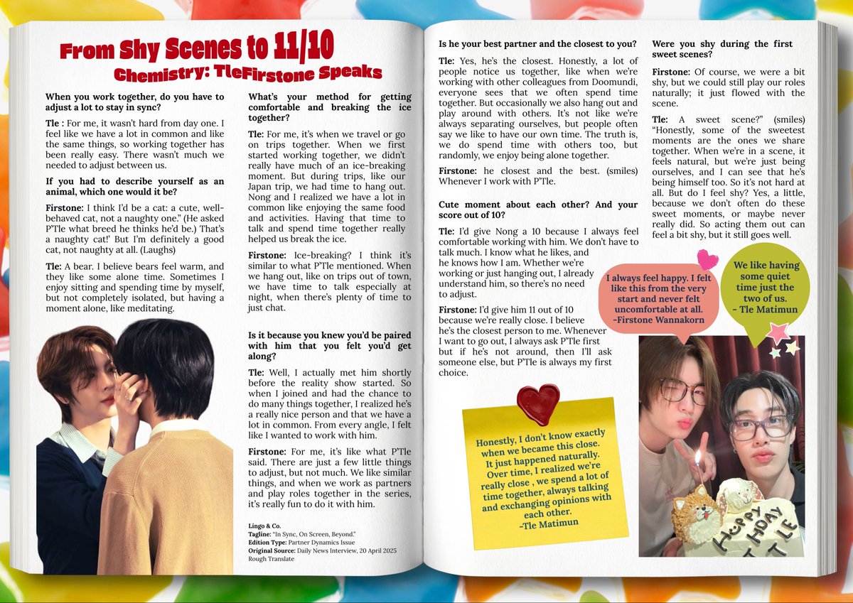 Lingo &amp; Co. Issue 9

From shy scenes to 11/10 Chemistry: #TleFirstone Speaks.

Edition Type : Partner Dynamic Issue.

☔️ #เติ้ลเฟิร์สวัน

Interviewee : #Tle_mtm &amp; #Firstone

Original source : Daily News Interview, 20 April 2025.