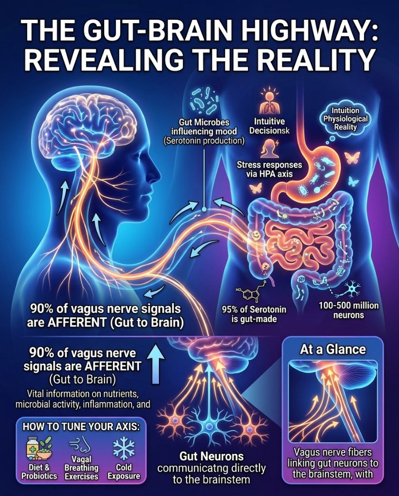 SterlingCooley's tweet photo. Ninety percent of the neural traffic between your gut and your brain is a one-way street moving upward.

The vagus nerve serves as a biological superhighway where afferent fibers outnumber efferent ones nine to one. This means your brain is primarily a receiver of gastrointestinal data, not just a sender of commands.

Your enteric nervous system contains over 100 million neurons, surpassing the neural density of the spinal cord. This "second brain" monitors microbial metabolites, inflammation markers, and hormonal shifts in real-time.

Approximately 95 percent of the body's serotonin is synthesized in the gut. When this axis is disrupted, the resulting neurochemical imbalance manifests as cognitive fog, clinical anxiety, or impaired decision-making.

Optimizing this pathway through vagal tone exercises, cold exposure, and targeted nutrition is a physiological necessity for mental resilience.

https://t.co/GUq4Uw9qwn