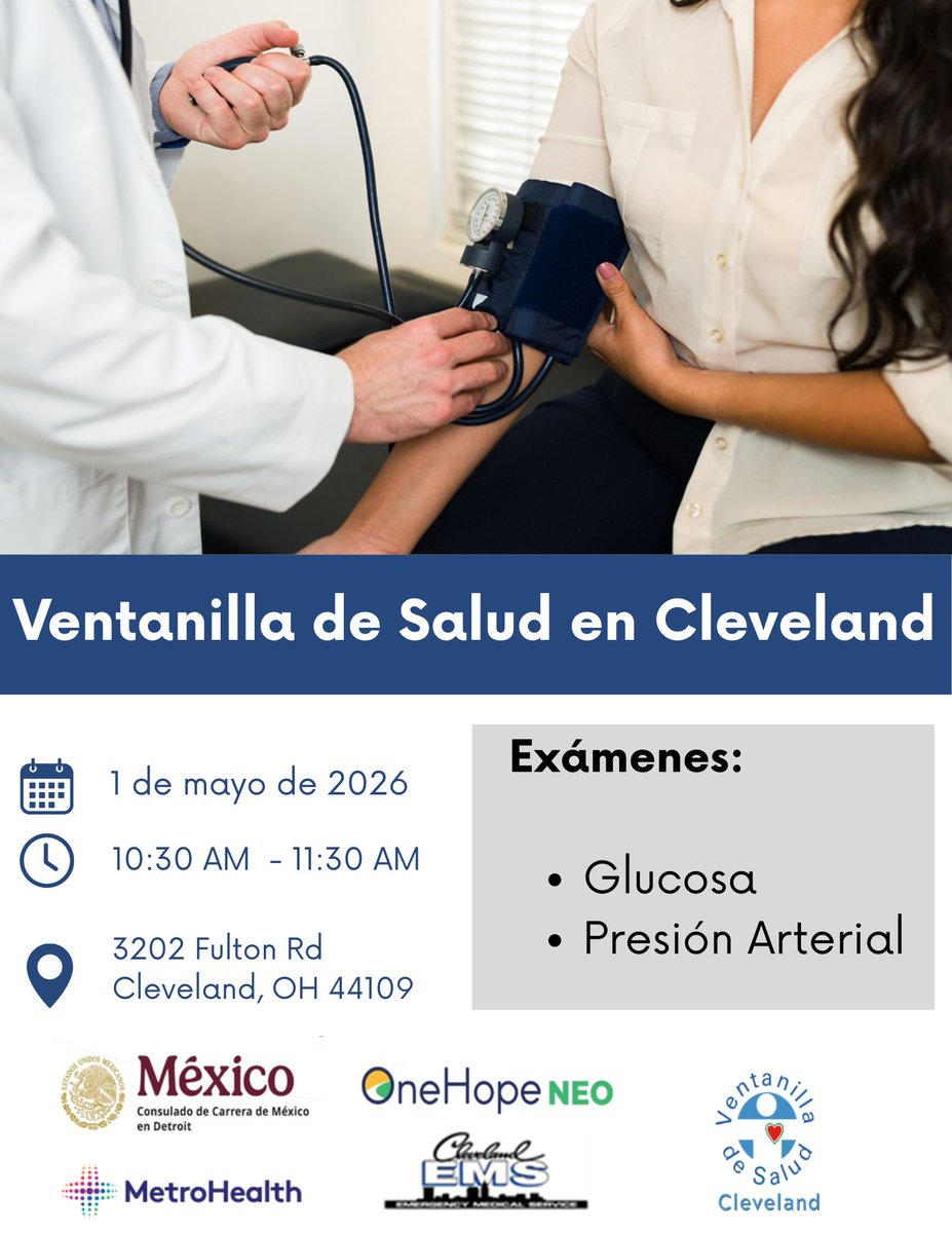 consulmexDET's tweet image. Te invitamos a revisar tu glucosa y tu presión en nuestra Ventanilla de Salud en Cleveland.
📅01 de mayo, 2026
🕛10:30 am a 11:30 am 
📍3202 Fulton Rd, Cleveland, OH 44109
#VentanilladeSalud #Screenings #Cleveland
