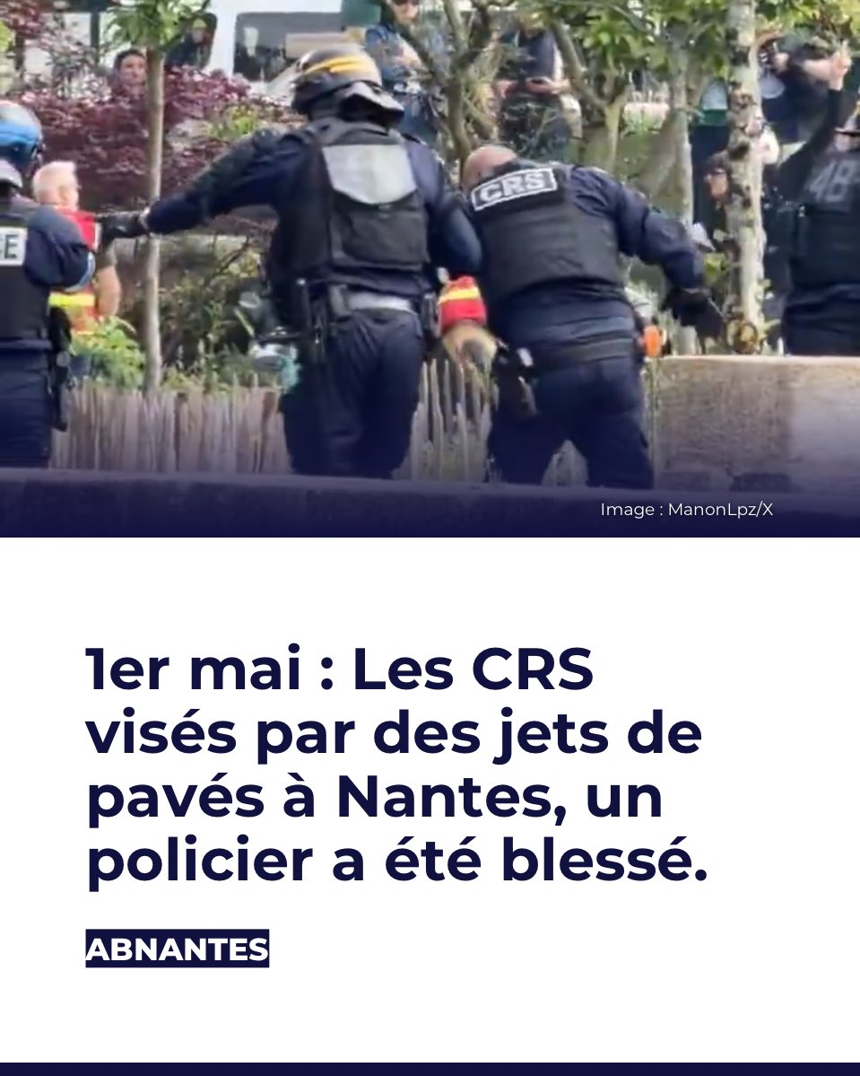 ABNantes's tweet image. Les violences du premier mai ont de nouveau fait un blessé dans les rangs des forces de l’ordre à #Nantes.

Le CRS, visé par un tir de pavé, a été pris en charge par les secours. Des mortiers ont également été lancés.
