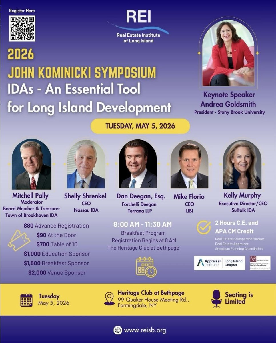 SuffolkIDA's tweet image. Don’t miss the Real Estate Institute of Long Island’s 2026 John Kominicki Symposium featuring a discussion on the role of IDAs in development. Kelly Murphy of the Suffolk IDA will be on the panel. ✨ Register at tinyurl.com/mtzt6j4u. 

#SuffolkCounty #NetworkingEvent