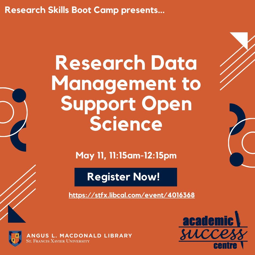 stfxlibrary's tweet photo. Are you looking to expand your research knowledge?

Register now for the Research Skills Boot Camp session "Research Data Management to Support Open Science" on May 12, 11:15am-12:15pm.

Register now at: https://t.co/eZdWp1sDTB 

#StFX #StFXUniversity #researchbootcamp https://t.co/hbn31B6xyn