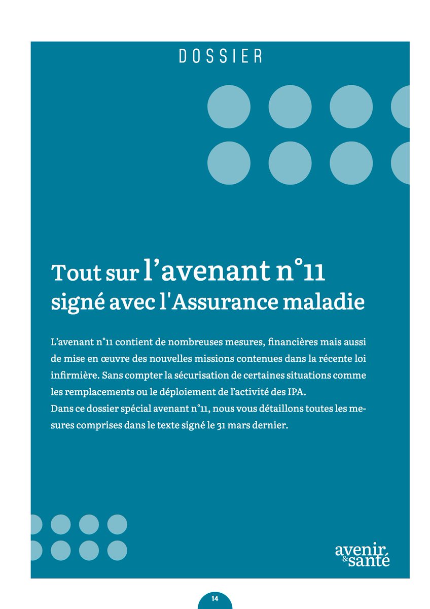 FNIofficiel's tweet photo. 📋 Dossier du mois — Avenir & Santé d'avril 2026

Tout sur l’avenant n°11 signé avec l'Assurance maladie
L’avenant n°11 contient de nombreuses mesures, financières mais aussi de mise en œuvre des nouvelles missions contenues dans la récente loi infirmière. Sans compter la sécurisation de certaines situations comme les remplacements ou le déploiement de l’activité des IPA. Dans ce dossier spécial avenant n°11, nous vous détaillons toutes les mesures comprises dans le texte signé le 31 mars dernier.

Pour en savoir plus, adhérez à la FNI : https://t.co/XJLwlosPgq
#InfirmièresLibérales #AvenirEtSanté #FNI #IDEL