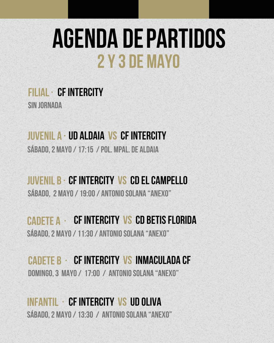 BaseCFIntercity's tweet photo. 📒⚽ 𝗛𝗢𝗥𝗔𝗥𝗜𝗢𝗦 • Estos son los partidos de nuestros equipos este fin de semana 

💪🏻🍀 ¡𝗦𝘂𝗲𝗿𝘁𝗲! https://t.co/c1gxIkdC4n