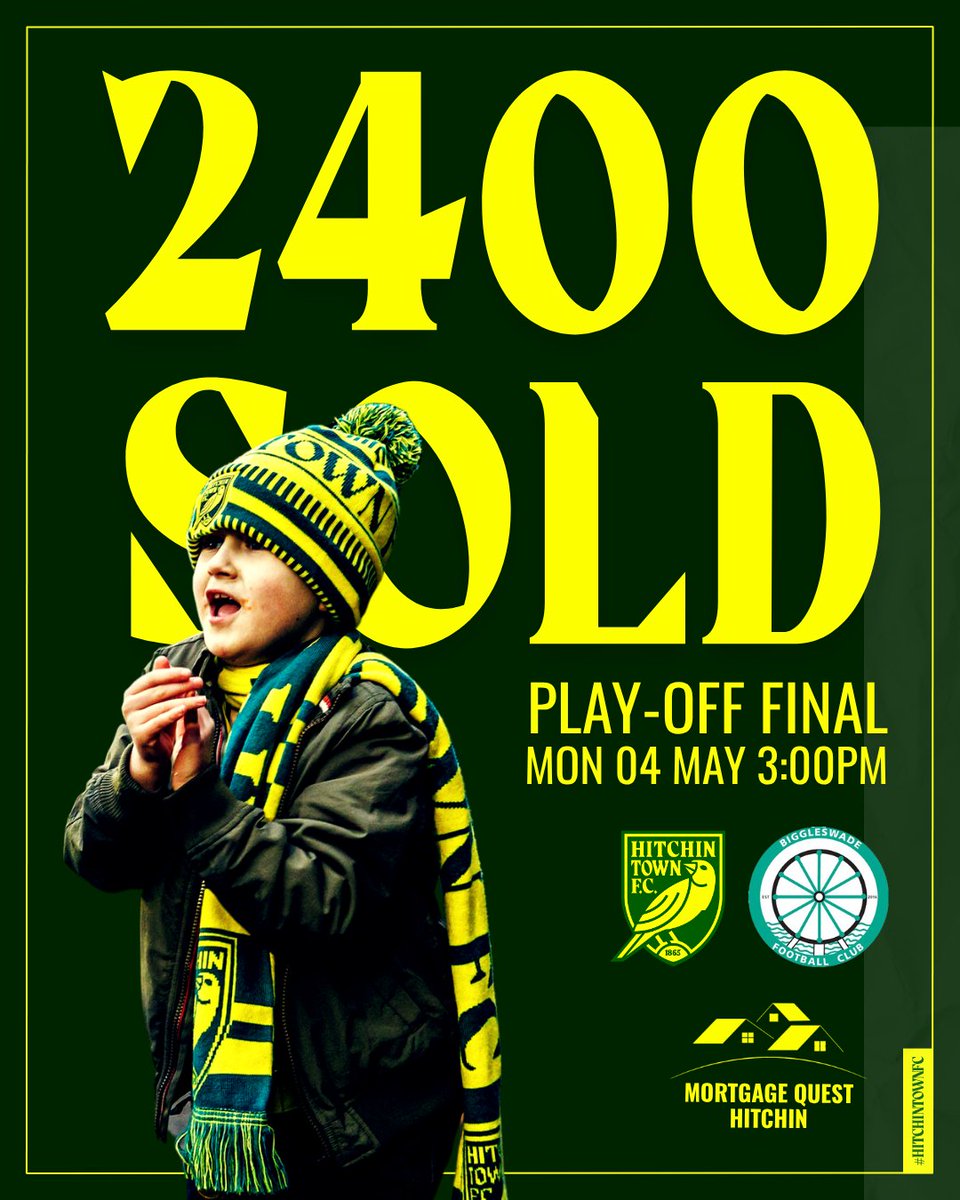 HitchinTownFC's tweet photo. 🎟️ | 2,400 TICKETS SOLD

Absolutely incredible - thank you for your unbelievable support!

Just a few hundred tickets remain, so be quick. We are very close to a full house for the @SouthernLeague1 Play-Off Final vs. @BiggleswadeFc1 on Monday.

🔗 https://t.co/j9sByTzqNL

💛💚 https://t.co/JIOmgwRIm1