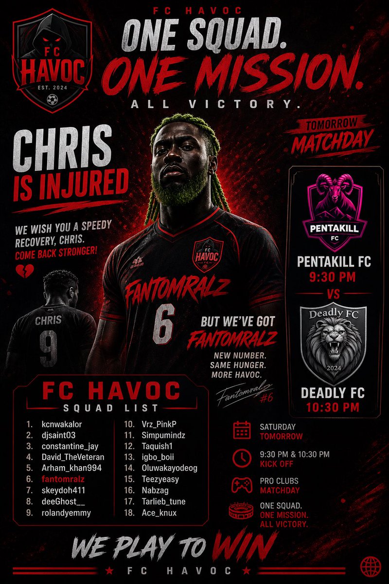 realFCHAVOC's tweet photo. Squad list for this weekend game
Vs pentakil fc (2nd) 9.30pm
Vs deadly fc ( 10th). 10.30pm 

One squad 
One mission 
@pentakillfc @deadlyfc007 @BTGOnline 
Lfgggggggg!!!! https://t.co/l8bN6WKrAr