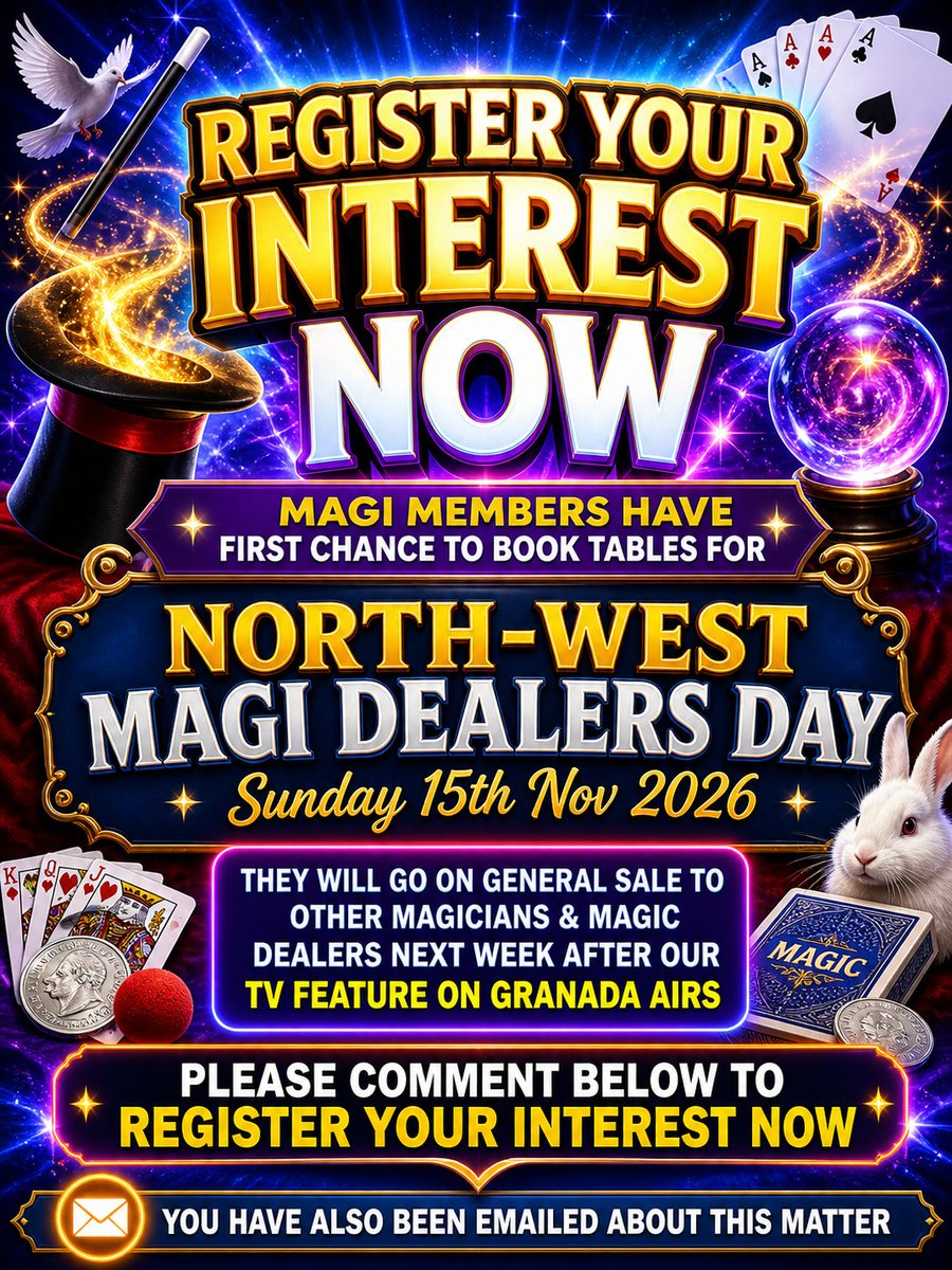 roylehypnotist's tweet image. MANCHESTER MAGIC DEALERS DAY

REGISTER INTEREST NOW

roylehypnotist.substack.com/p/north-west-m…

North West Magic Trick Dealers Day 2026, Sunday 15th Nov

First priority for next 72 hours will be existing Magician Members

#Magic #magician #mentalism #Mentalist #MindReader #MagicClub #MagicSociety