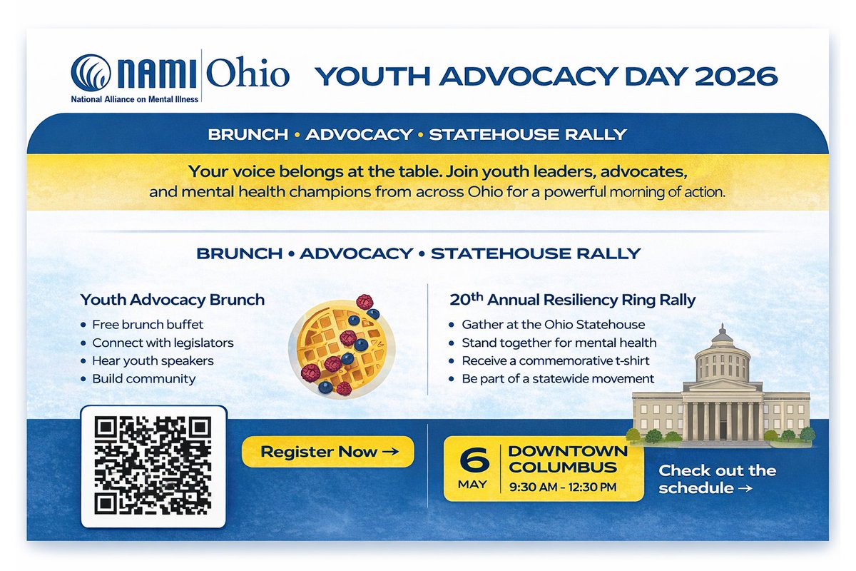 OHSchoolSafety's tweet image. Your voice belongs at the table. 🗣️💙
Join youth, families, advocates, and community leaders from across Ohio for Youth Advocacy Day 2026 on May 6 in Columbus! Register here: forms.cloud.microsoft/r/BtMvVj9Hny
#ResiliencyRing2026 #YouthVoice #NAMIOhio