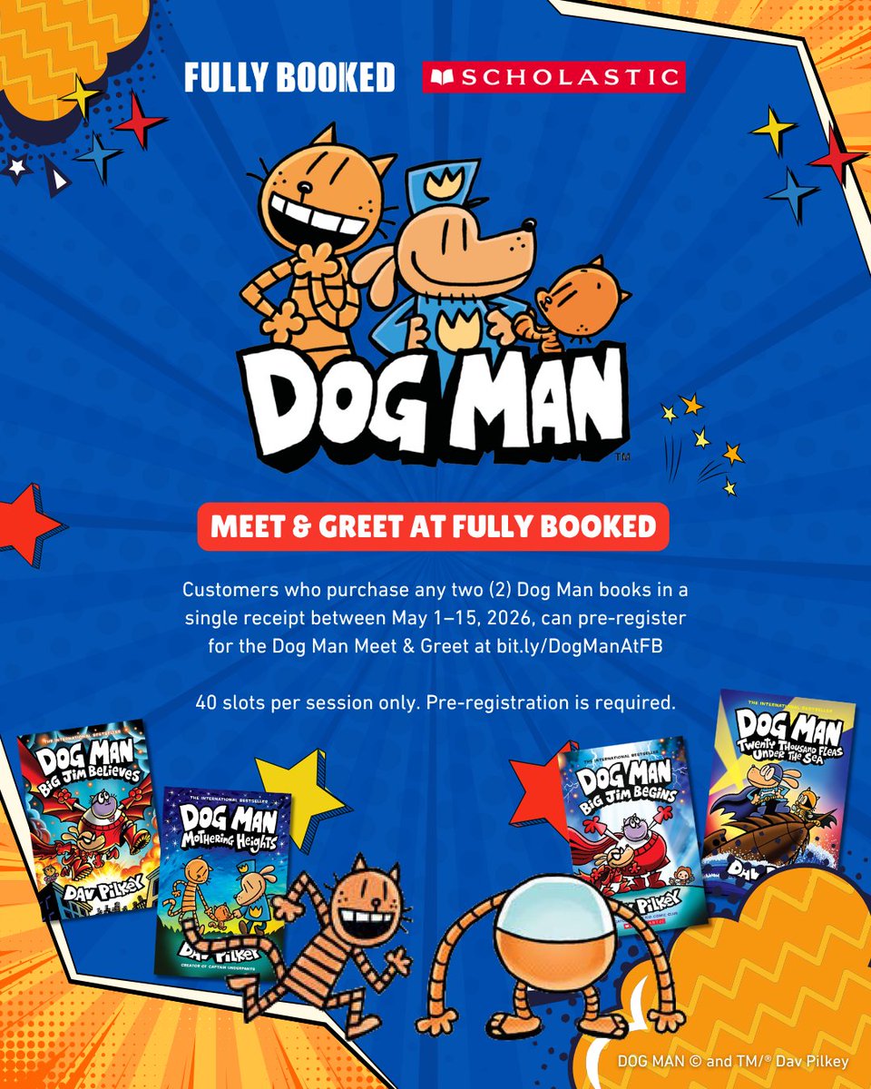_FullyBooked's tweet photo. Dog Man is coming to Fully Booked! 🐶

Get to meet Dog Man when he comes over for a Meet &amp; Greet! Buy any two (2) Dog Man books in a single receipt from May 1 to 15, 2026 and be eligible to pre-register and secure a slot at https://t.co/UvnAiOQbZ5 https://t.co/tL1yUvfvjZ