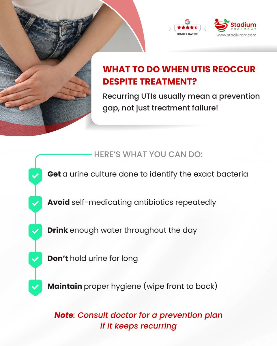 Stadiumrx's tweet image. Recurring UTIs after treatment often mean an underlying issue like resistance, reinfection, or incomplete clearance.
They need deeper evaluation, not just repeated #antibiotics!
#wellness #healthcare #pharmacy #bladderhealth #missouri #usa
