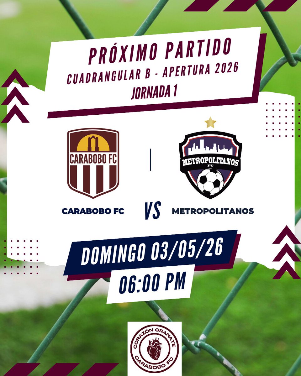 𝙋𝙍𝙊𝙓𝙄𝙈𝙊 𝙋𝘼𝙍𝙏𝙄𝘿𝙊 𝙂𝙍𝘼𝙉𝘼𝙏𝙀 🫀🇱🇻

🆚 <a href="/Metropolitanos_/">Metropolitanos Fútbol Club</a>
🗓️ Domingo 03/05
⏰ 6:00P.M. (Hora Venezuela)
🏟️ Misael Delgado
🏆 <a href="/LigaFUTVE/">Liga FUTVE</a> | Cuadrangular B

#CorazonGranate
#VamosGrana
#CaraboboGranate
#Futve