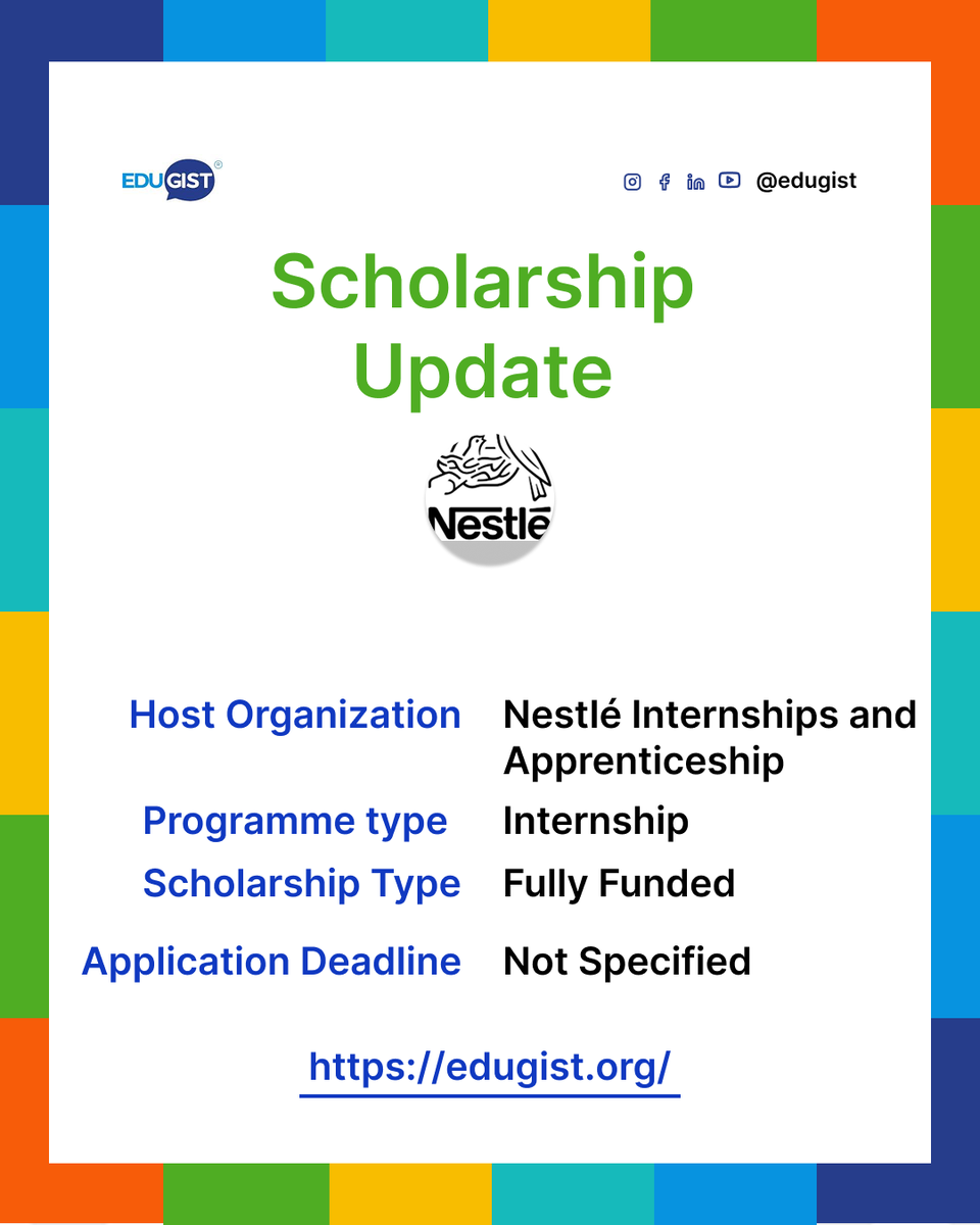 Edugist's tweet image. 🎓 Nestlé CWAR Nesternship 2026 | Internship Opportunity 🌍
For students &amp;amp; graduates in West/Central Africa. Monthly stipend, hands-on training, mentorship &amp;amp; career growth. 
⏰ Deadline: Not Specified
🔗 lnkd.in/enMhFf5V

#Internship #Nestle #AfricaJobs