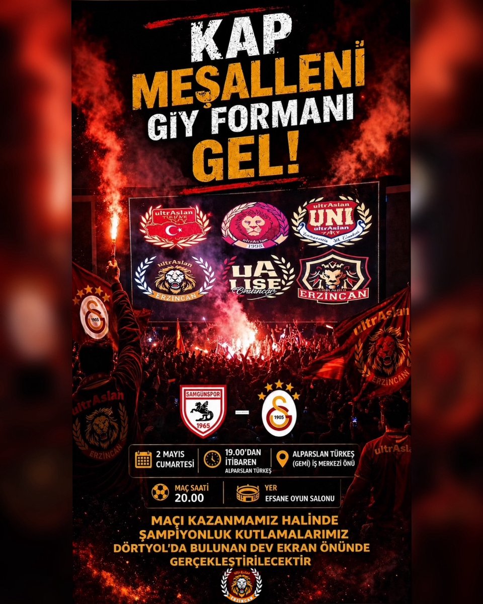 uAErzincan24's tweet photo. YANACAĞIZ ŞAMPİYONLUK ATEŞİYLE!

Maçı kazanmamız halinde şampiyonluk kutlamalarımız dörtyolda bulunan dev ekran önünde gerçekleştirilecektir. 
#uAYurtiçi
#ultrAslanErzincan https://t.co/CpeWw23OQ3