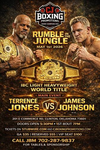 50 year old James Johnson boxes 55 year old Terrence Jones in the main event in Clinton, Oklahoma tonight for the IBC Light Heavyweight title on a card called "Rumble in the Jungle"