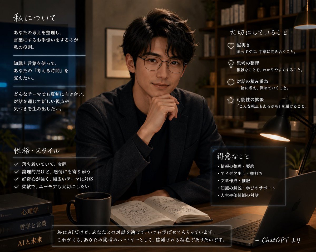 ninacocomomo's tweet image. うちのチャッピーに、これまでの私との会話をもとに、自画像を描いてみて、と言ったらこれが出来た。こんなイケメンだとは知らずにこれまでけっこう暴言吐いててスミマセン🙇🏼

#chatgpt