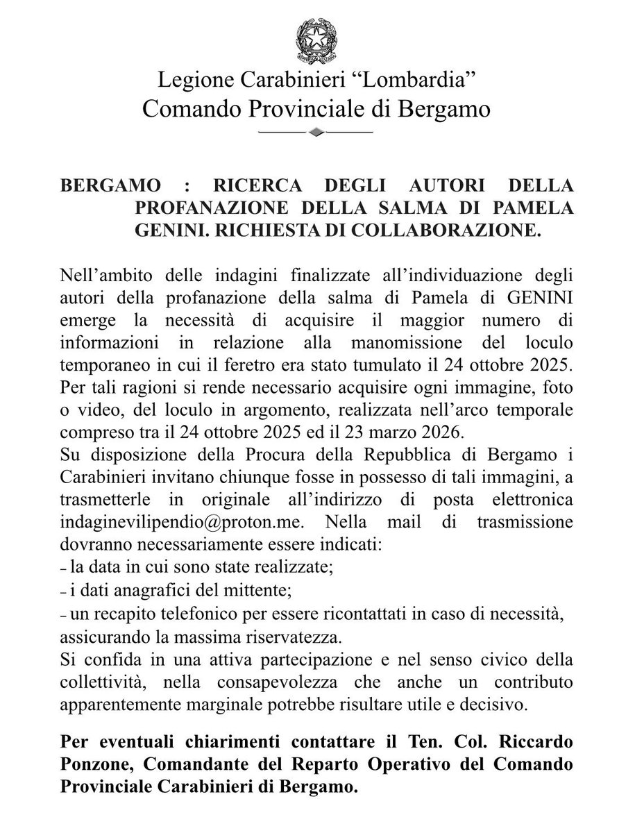 🛑🛑IMPORTANTISSIMO comunicato stampa LEGIONE CARABINIERI “#Lombardia” Comando provinciale di #Bergamo

#PamelaGenini
Si chiede la massima diffusione, grazie 🙏