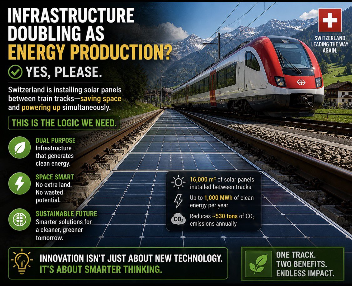1981Descartes's tweet image. Protect the farmland, use the tracks. Switzerland’s approach to solar is a masterclass in land preservation. High-speed travel meet high-efficiency energy. 
#ClimateAction #Solar #TrainTravel #SaveThePlanet #SwissEngineering