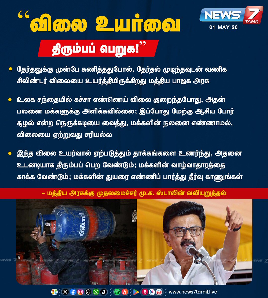 news7tamil's tweet image. “விலை உயர்வை திரும்ப பெறுக!”

#MKStalin | #LPG | #PriceHike | #TamilNews | #LatestNews | #NewsUpdate