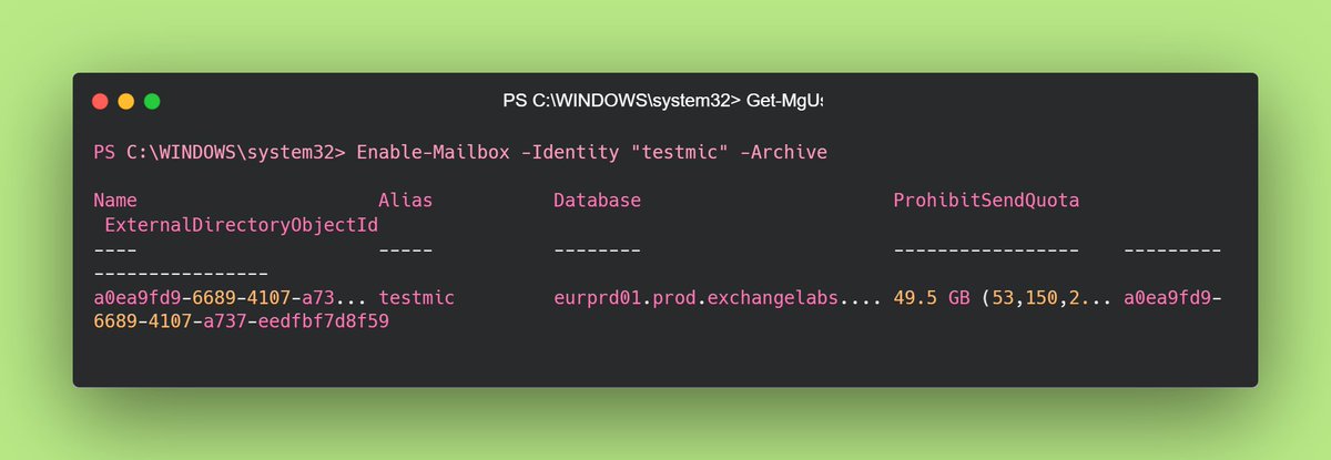 zenithguy's tweet photo. Lesson 8: Exchange Online Archiving 📥➡️📦
Today was all about Enable-Mailbox -Identity <User> -Archive.Successfully provisioned secondary archive storage via PowerShell. 
 #M365 #PowerShell #ExchangeOnline #LearningInPublic https://t.co/nOQhdPHnxE