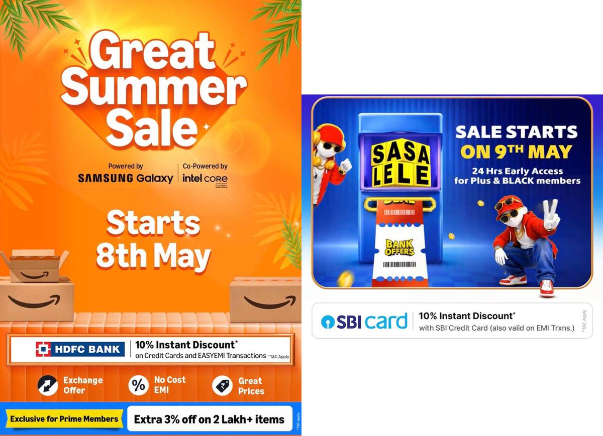 BigkartDeal1's tweet image. Upcoming 2 Summer Sale ☀️: 

🚀 #amazon Great Summer Sale Starts 8th May.

amzn.to/422yszA

*10% Off With #HDFC Credit Card.

🚀#flipkart Sasa Lele Sale Starts 8th May For Plus &amp;amp; Black Members.

fkrt.cc/h4kivs5

For All Users, Sale Starts 9th May

*10% Off With