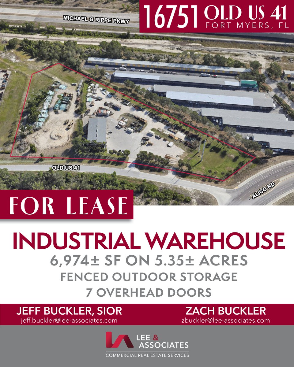 Now leasing: 6,974± SF industrial building on 5.35± acres, featuring an additional 1,800± SF covered canopy and 3,000± SF mezzanine.
Excellent access to Alico Road, US 41, and I-75 in the heart of South Fort Myers.

#FortMyers #CommercialRealEstate #CRE #SWFL #NowLeasing