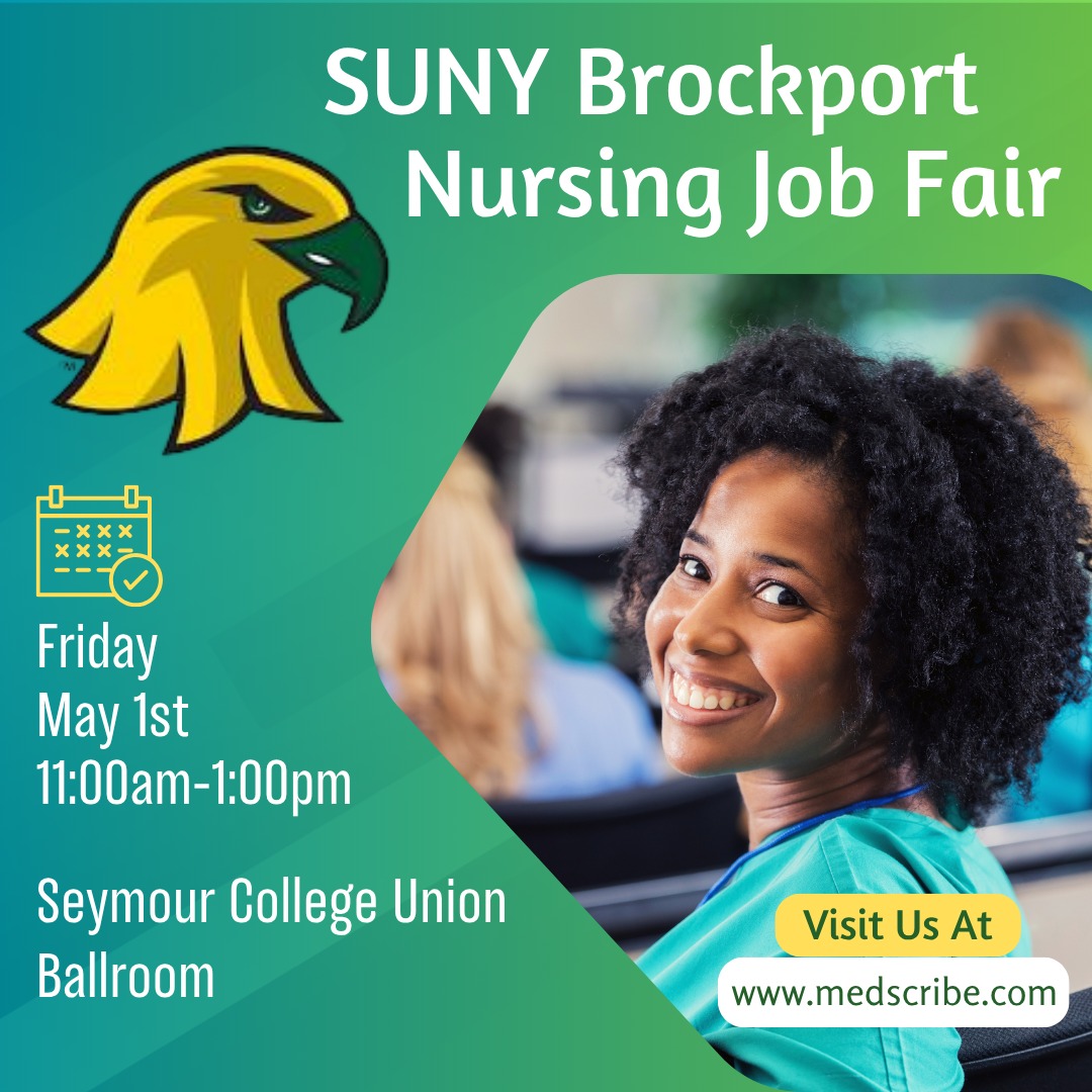 medscribeinc's tweet image. Visit Med-Scribe at the SUNY Brockport Nursing Job Fair today, May 1st from 11:00am - 1:00pm. Ryan &amp;amp; Lizzy will be happy to talk with you about the opportunities we have available and how we can help you find a job in healthcare! #SUNYBrockport #MedScribe  #JobFair