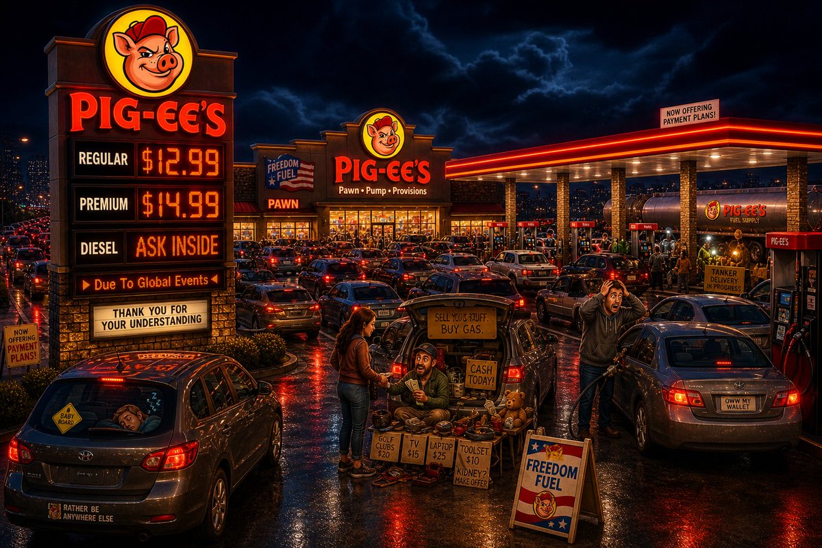 WarPigsToken's tweet image. BREAKING: PIG-EE'S announces new “Emergency Fuel Pricing” due to totally normal global events.
REGULAR: $12.99
PREMIUM: $14.99
DIESEL: “Ask Inside”
But don’t worry… They’re now offering payment plans. 🇺🇸⛽🐷
#WarPigs #PIGS #EnergyCrisis #Memecoin #Solana
