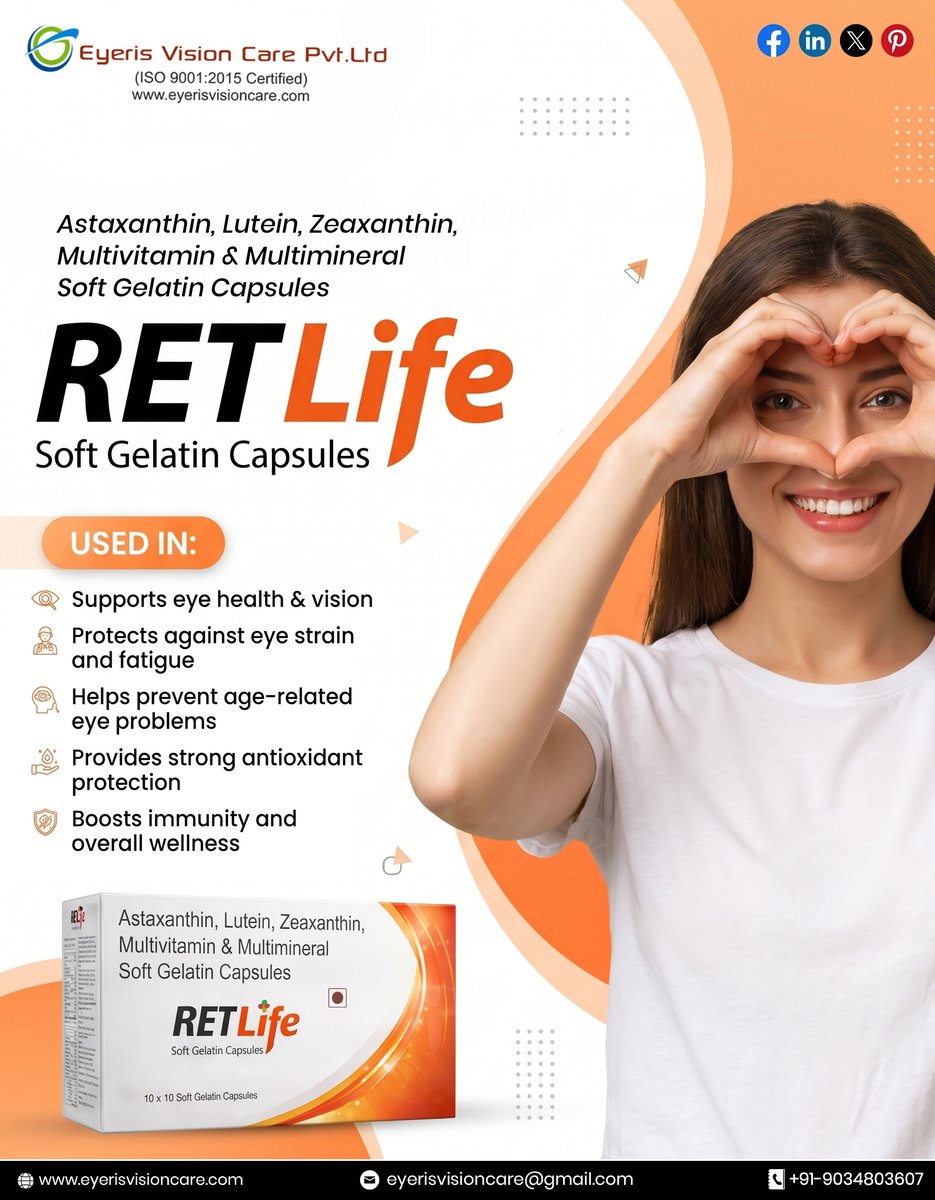Eyeriscare's tweet image. Grow your pharma business with RETLife Soft Gelatin Capsules. A premium eye-care formulation enriched with Astaxanthin, Lutein &amp;amp; Zeaxanthin, designed to meet demand for vision health solutions. 

#PCDFranchise #PharmaFranchise #EyeCareProducts #VisionCare #MonopolyRights