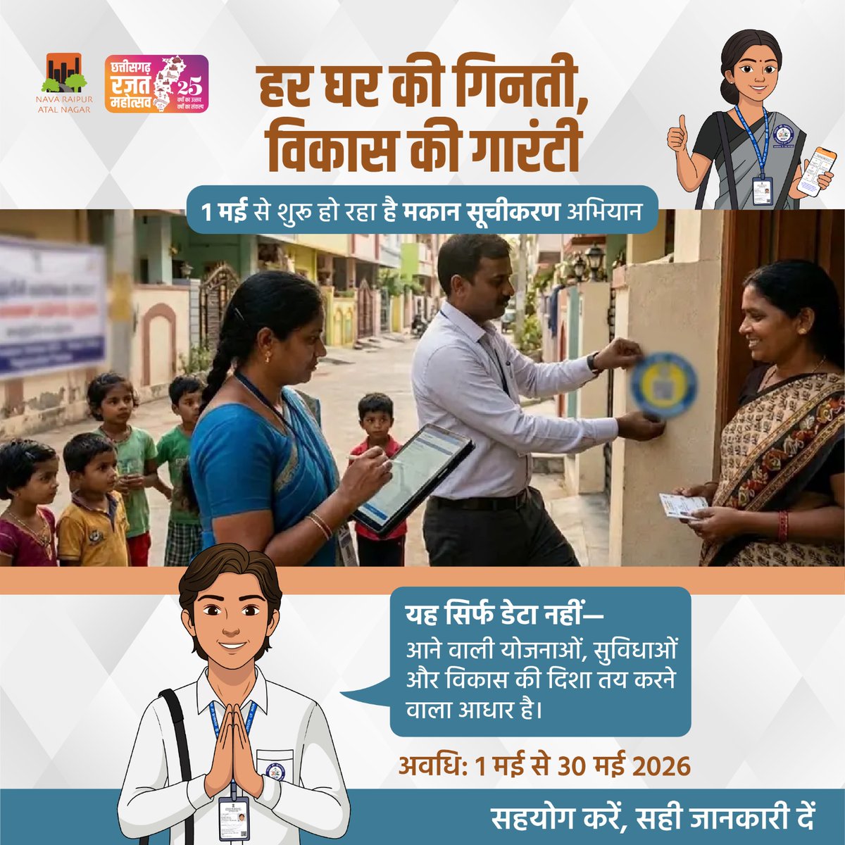 NavaRaipur's tweet image. हर घर की गिनती, विकास की गारंटी
1 मई से शुरू- मकान सूचीकरण अभियान क्योंकि सही डेटा ही तय करता है
शहर का कल, सुविधाओं का स्तर और विकास की रफ्तार।

1 मई – 30 मई 2026
आपका सहयोग है, देश के भविष्य की मजबूत नींव।

#Census2027 #DataForDevelopment #NavaRaipur